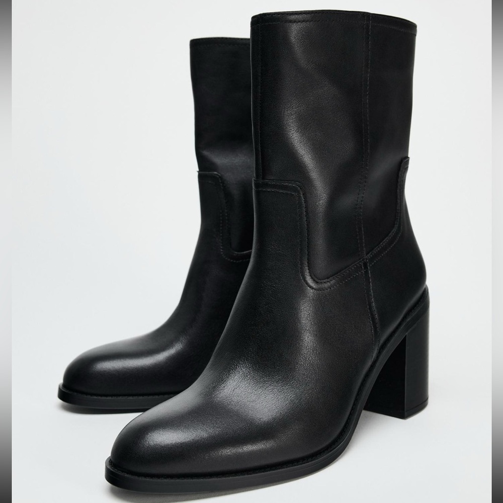 Black Genuine Leather Ankle Boots with Block Heel